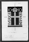 Förslagsteckning till frimärket Svenska Flaggans dag (utgivet 6/6) 1955. Två stycken olika frimärken utgivna till 50års-minnet av den nya ljusare flaggan som ej har unionsmärke. Konstnär: Olle Olsson. Motto: 