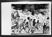 Skisser till frimärket Sjöräddningssällskapet 50 år, utgivet 1/6 1957. Svenska Sällskapet för Räddning af skeppsbrutna bildades den 1/6 1907. Konstnär: Torsten Billman. Skiss 