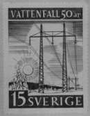 Förslagsritningar - ej antagna - till frimärket Vattenfall 50 år, utgivet 20/1 1959. 380 kV-ledningar. Konstnär: Tor Hörlin. Förslag. 30-öresvalören (