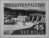 Förslagsritningar - ej antagna - till frimärket Vattenfall 50 år, utgivet 20/1 1959. Kraftstationen vid Nämforsen i Ångermanland. Konstnär: Tor Hörlin. Förslag. 
Valör 45 öre.