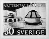 Förslagsritningar - ej antagna - till frimärket Vattenfall 50 år, utgivet 20/1 1959. Konstnär: Tor Hörlin. Förslag. 30-öresvalören. 3.