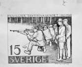 Frimärksförlaga - skissförslag - till frimärket Frivilliga Skytteväsendets 100-årsjubileum, utgivet 30/6 1960, av konstnär Sven Ljungberg. (I Postmusei samlingar). 
Valör 15 öre.