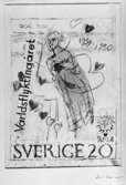 Frimärksförlaga, ej realiserade förslag till frimärket Världsflyktingåret 1959 - 1960, utgivet 7/4 1960.
Konstnär: Siri Derkert. Skiss nr 2, med kvinna och hjärtan. Något mer utarbetad än skiss nr 1 (se POST.001751). 
Valör 20 öre.