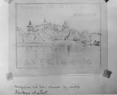 Frimärksförlaga till frimärket Byggnadsminnen, Skokloster slott (Håbo Kommun, mellan Stockholm och Uppsala), utgivet 24/9 1962. Slottet byggdes 1645 - 1677 för CG Wrangel. Skisser utförda av Waldemar Bernhard. Skiss av exteriören.
(I Postmusei samlingar). Foton 2/10 1962. Skiss 6.