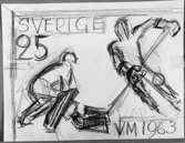Frimärksförlaga till frimärket VM i ishockey, utgivet 15/2 1963. 1963 års VM i ishockey spelades i Stockholm. 
Förslagsteckningar utförda av konstnären Georg Lagerstedt (1892 - ). (Förslag 7a, blyertsteckning, på bladets baksida). Valör 25 öre.