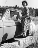 Bilåkande lantbrevbäraren Erik Johansson på linjen Åkersberga-Singö-Björnhuvud-Åkersberga. Posten har lämnats vid Ströms gård, Skeppsdal.

Foto augusti 1961.