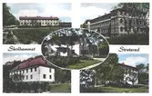 Fem mindre bilder, exteriört på Skolhemmet Stretered, sammansatta på ett vykort. Stora skolans tredje våningsplan är uppfört efter branden 1944. Kontoret är tillbyggt och har vitrappad fasad. Givaren, Karin Hasselberg, arbetade som sköterska/vårdarinna på Stretered.