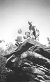 Leif, Alf och Astrid Garthman samt Rolf Karlsson (Astrids bror). Samtliga står eller sitter på en bergsknalle i Mölndal, 1950-tal.