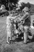 Två förskollärare och ett barn håller på med blomsterdekorationer utomhus inför midsommarfirande. Barnet har en blomsterkrans i håret. Samtliga står på en gräsmatta. Katrinebergs daghem, 1992-93.