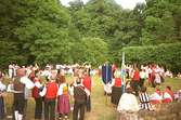 Ett folkdanslag, uppklädda i dräkter, dansar inför beskådare. En kvinna står och håller en blå vimpel i ena handen och en fana, av Svenska flaggan, i andra handen. Gunnebo slottspark 1988.