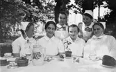 Margareta Wendel (född Sparre) som sjuksköterska (andra från vänster). 1928-1929 vårdades Margareta för lungtuberkulos vid Marien-Hospital i Leipzig, Tyskland. Ibland hände det att de patienter som inte var så svårt sjuka fick hjälpa till på sjukhuset.