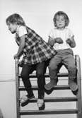 Två barn klättrar högst upp på en ribbstege. Holtermanska daghemmet 1953.