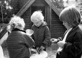 Tre lekande barn i sandlådan. Holtermanska daghemmet juni 1974.
