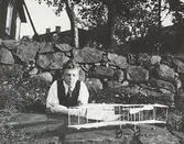 Ur familjen Wallerstedts album. En pojke sitter vid ett modellflygplan framför en stengärdesgård.

Dagmar Wallerstedt var handarbetslärarinna och hennes far Artur Wallerstedt var kamrer på Papyrus. Okänt person och årtal.