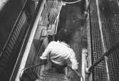 Juris Kuvalds på väg nedför en trappa, 1980-tal.
Bilden ingår i serie från produktion och interiör på pappersindustrin Papyrus.