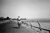 En person cyklar på en landsväg, okänd plats cirka 1930. Till höger ses en inhägnad hage.