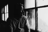 Stig Andersson tittar ut genom ett fönster på pappersbruket Papyrus i Mölndal, år 1990.