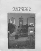Sundbyber 2 Postanstalt Landsvägen 15 b, exteriör med
postskylt på dörren och brevlåda i förgrunden, en postlådas baksida
är synlig.  jämför 6275x