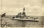 Vykort på pansarskeppet Sverige som stävar ut till havs