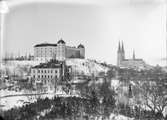 Akademiska sjukhuset, Uppsala slott och Uppsala domkyrka från sydost, Uppsala 1891