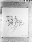 Reproduktion
Teckning av Tore och Erik Ahlsén med ett skolkök och sex personer som lagar mat och bakar.
Interiör