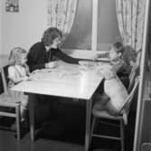 Fotografering för broschyr
En kvinna, två barn och en hund sitter kring ett bord och spelar spel
Interiör