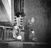 Lagerbyggnad 110 och 111 under uppbyggnad på Papyrus fabriksområde, 8/12-1945.
Tre okända män på bilden.