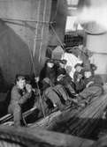 Fylgias resor 1920-21.
Ett gäng skeppsgossar sittande ombord på Fylgia.