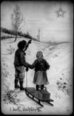 Teckning.
Motiv: vinterbild, en pojke och en flicka med kälke tittar på en stjärna på himlen.
Texten på bilden: 