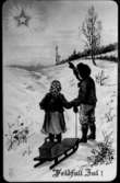 Teckning.
Motiv: vinterbild, en pojke och en flicka med kälke tittar på en stjärna på himlen.
Texten på bilden: 