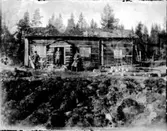 Envånings stuga i liggtimmer, tre personer framför stugan.
Åkermark.