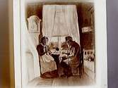 Oljemålning. Motiv: ett äldre par vid kaffebordet.
Konstnär: Okänd.
F.d. godsägare E. Hj. Schmidt
Till disponent Alf. Thermaenius, Olaigatan 17a.
