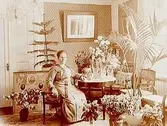 Salongsinteriör med frun i soffan.Fru Anna Gustafsson