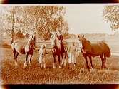 En kvinna, två barn och tre hästar på ängen.L.J. Lundberg