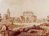Örebro Slott.
Utsikt över Örebro - ett kopparstick av Fredrik Akrell, utfört på 1780-talet efter en teckning sv Gustaf af Sillen. Bagge har det med i sin 