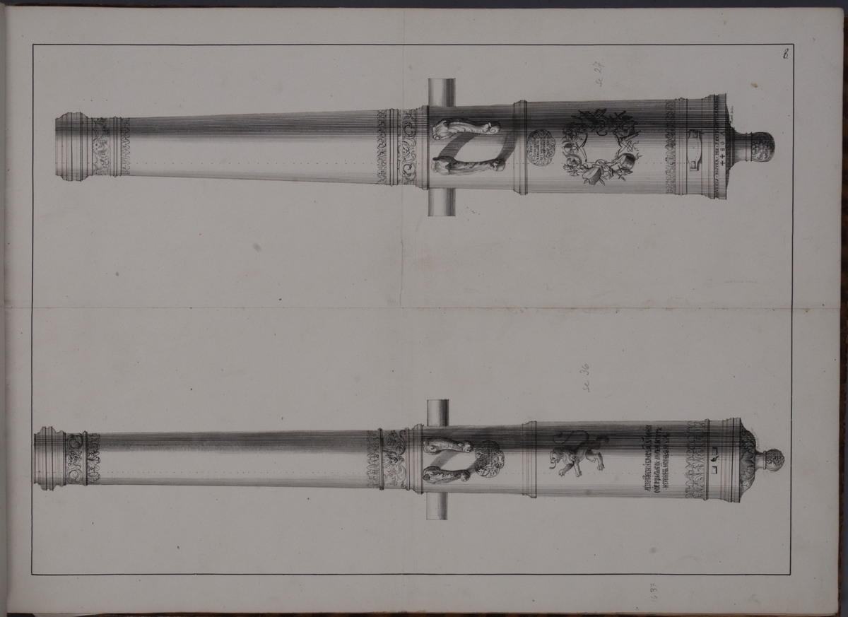 Kjell Hedberg, Imaging depicting fire pipes taken as trophies by the Swedish army in the Battle of Narva on 20 November 1700. Included in volume with depicted canon trophies taken in the years 1700-1702.