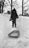 Barnträdgård, Tefat är toppen 30 januari 1967

En pojke står i pulkabacken och håller i sin pulka. Han har rutiga galonbyxor och en jacka med luva. Högst upp i backen står en kvinna med kappa och vita stövlar.