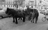 Flykting 67 17 november 1967

Utanför centralstationen står två hästar med en vagn.
Det står också bilar parkerade och en cykel. Bakom ser man Statt Hotell.