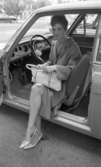 Kvinnorna kör bil bra, 7 juli 1965

Kvinna sitter i förarsätet på bil med öppen dörr och plockar med sin handväska som ligger i knät.
