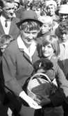 Knytkalaset 5 juli 1965.

Jubileumsvärdinna och en liten flicka håller gemensamt en korg. Den lilla flickan har en kattunge i famnen.

Åskådare i bakgrunden.