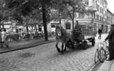 Hästar i stan, 8 juli 1965.

Man kör häst och vagn genom centrala stan. På trottoaren bredvid står en man och håller i två cyklar. Andra fotgängare passerar i bakgrunden.