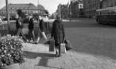 Gentlemen finns de, 15 september 1965

Bildserie: en kvinnlig journalist med flera resväskor testar hjälpsamheten hos medmänniskorna. Här passerar hon busstationen. Tre tonårspojkar passerar framför henne.