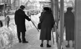 Halkiga pensionärer 18 december 1965

Två pensionärer står på trottoaren en vinterdag. Det är en man och en kvinna. Mannen pekar med sin käpp på en isfläck på marken och kvinnan tittar på stödjande sig på sin käpp. Till vänster om mannen syns en parkeringsautomat. En stor uppskottad snöhög löper vid sidan längs med trottoarkanten. Parkeringsautomater sticker upp ur snöhögen. Framför de två pensionärerna längre fram på gatan ligger Handelsbanken. På gatan står bilar parkerade längs med trottoarkanten. Uppe i luften över gatan hänger juldekorationer.