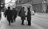 Halkiga pensionärer, 18 december 1965

På bilden ett antal personer på trottoaren på Drottninggatan. I förgrunden syns fem män i olika åldrar. En av dem har en käpp i handen. Bakom dem i bakgrunden syns några damer. Ytterligare personer syns på andra sidan gatan utanför Rådhuset. En buss och en bil kör förbi på gatan.