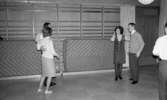 Dansskola, 15 februari 1966

På bilden syns två danspar konversera med varandra i en paus. Kvinnorna har korta frisyrer. Paret längst till vänster på bilden är klädda i ljusa färger. Kvinnan har vit blus och knäkort kjol. Mannen har vit skjorta, mörka byxor och mörka skor. Paret längst till höger på bilden är klädda i lite mörkare färger. Kvinnan är klädd i en klänning som slutar vid knäna. Inunder denna har hon en långärmad blus, mönstrade strumpbyxor samt mörka skor. Mannen är klädd i lång mörk tröja, vit skjorta, slips, mörka långbyxor och mörka skor. De befinner sig i en gymnastiksal med ribbstolar på väggarna samt gymnastikmattor framför. Till höger syns en dörr. En rislampa hänger i taket. På golvet syns det ett mönster av kontrasterande ljusare och mörkare kvadratiska rutor.