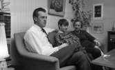 Brudpar 1946 (hemma hos), 9 mars 1966

En familj sitter i en soffa i ett vardagsrum. Familjen består av far, mor samt en ung son i nedre tonåren. På ett bord framför mannen i huset ligger ett paket cigaretter. På väggarna hänger tavlor.