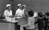 Barnbespisning 1 april 1966

Fyra pojkar står i matbespisningskö. Pojke nummer två i kön håller en matbricka i sin vänstra hand. Tre kvinnor i vita arbetsrockar och hattar serverar barnen mat. Två av kvinnorna bär glasögon. De står bakom en serveringsdisk. På disken står bestick i runda behållare samt servetter i en fyrkantig behållare. Serveringsbrickor finns i ett fack vid sidan om på disken.

























































































































or. Han går nedför en kort trappa utomhus.