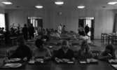 Barnbespisning 1 april 1966

I förgrunden sitter fyra barn vid ett bord och äter mat i en skolmatsal. I bakgrunden syns långa rader med bord och stolar med barn som sitter och äter. En mattant står i bakgrunden med vit arbetsuniform och vit hatt på huvudet. Ytterligare personer syns i bakgrunden. En stor klocka hänger på väggen rakt fram.



























































































































or. Han går nedför en kort trappa utomhus.