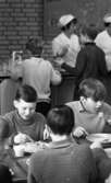 Barnbespisning 1 april 1966

I förgrunden syns fem unga pojkar som sitter vid ett bord i en matbespisning och äter mat. I bakgrunden vid disken står en pojke och häller upp mjölk i ett glas ur en behållare. Bredvid honom står en annan pojke. Bakom disken står två damer och serverar barnen mat. De är klädda i vita arbetsrockar och vita hattar. Bakom dem hänger en tavla på väggen.



























































































































or. Han går nedför en kort trappa utomhus.