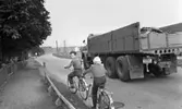 Popgala i Kumla, Farlig skolväg 24 augusti 1965

Två barn cyklar till skolan på en trafikerad väg. En lastbil passerar dem. Fler personer samt byggnader syns i bakgrunden.